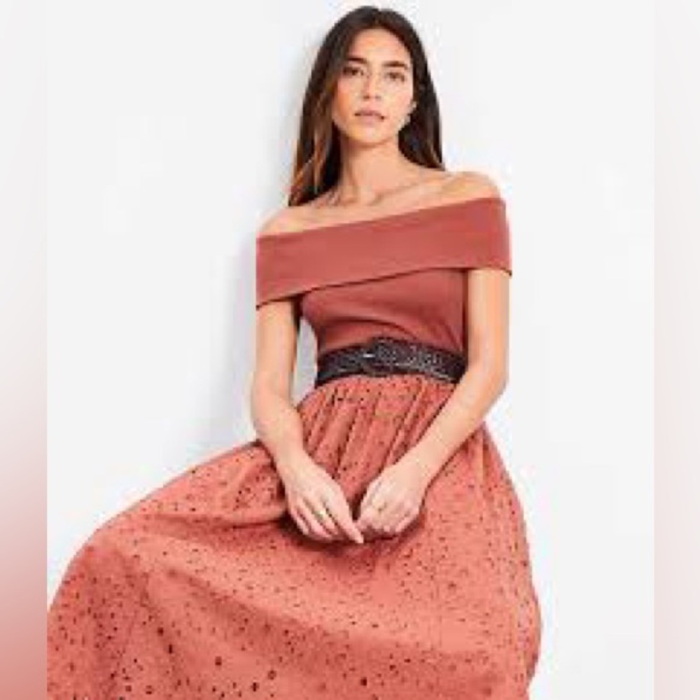 NWT LOFT Off the Shoulder Terra Cotta Eyelet Cotton Midi Dress